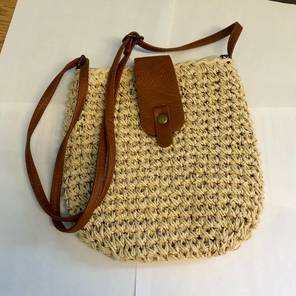 Neutral Woven Crossbody Bag with Brown Trim